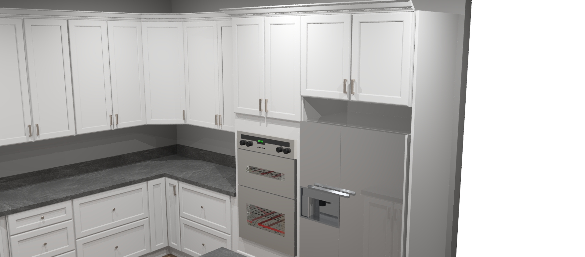3D rendering: appliance wall close-up showing cabinets and oven area